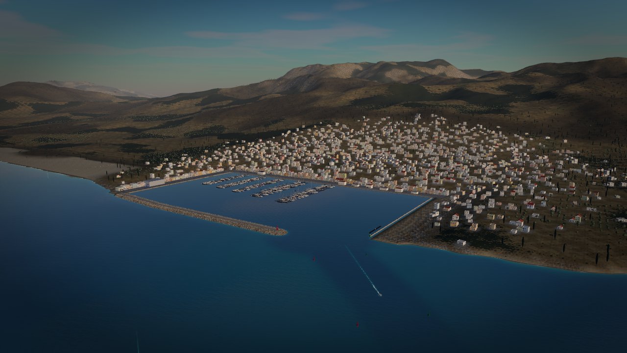 Kalyra marina and town from above, the island in Big Wake
