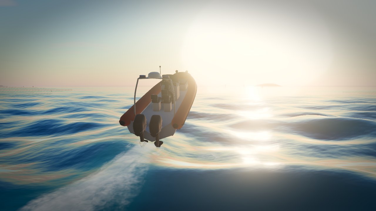 A rescue RIB jumping the swell into the sun in Big Wake